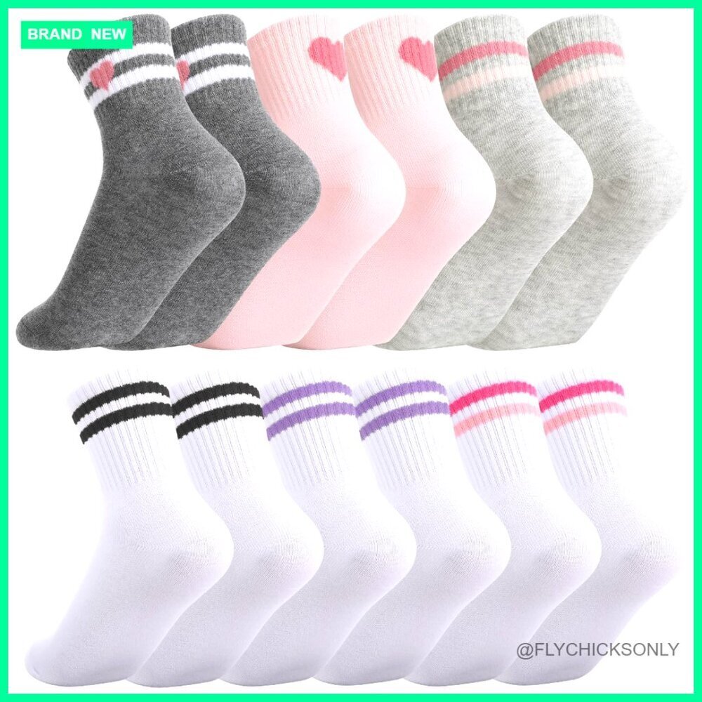6 Pairs Kids Athletic Crew Socks, Cotton Spandex, Stretchy Fit, Striped Hearts